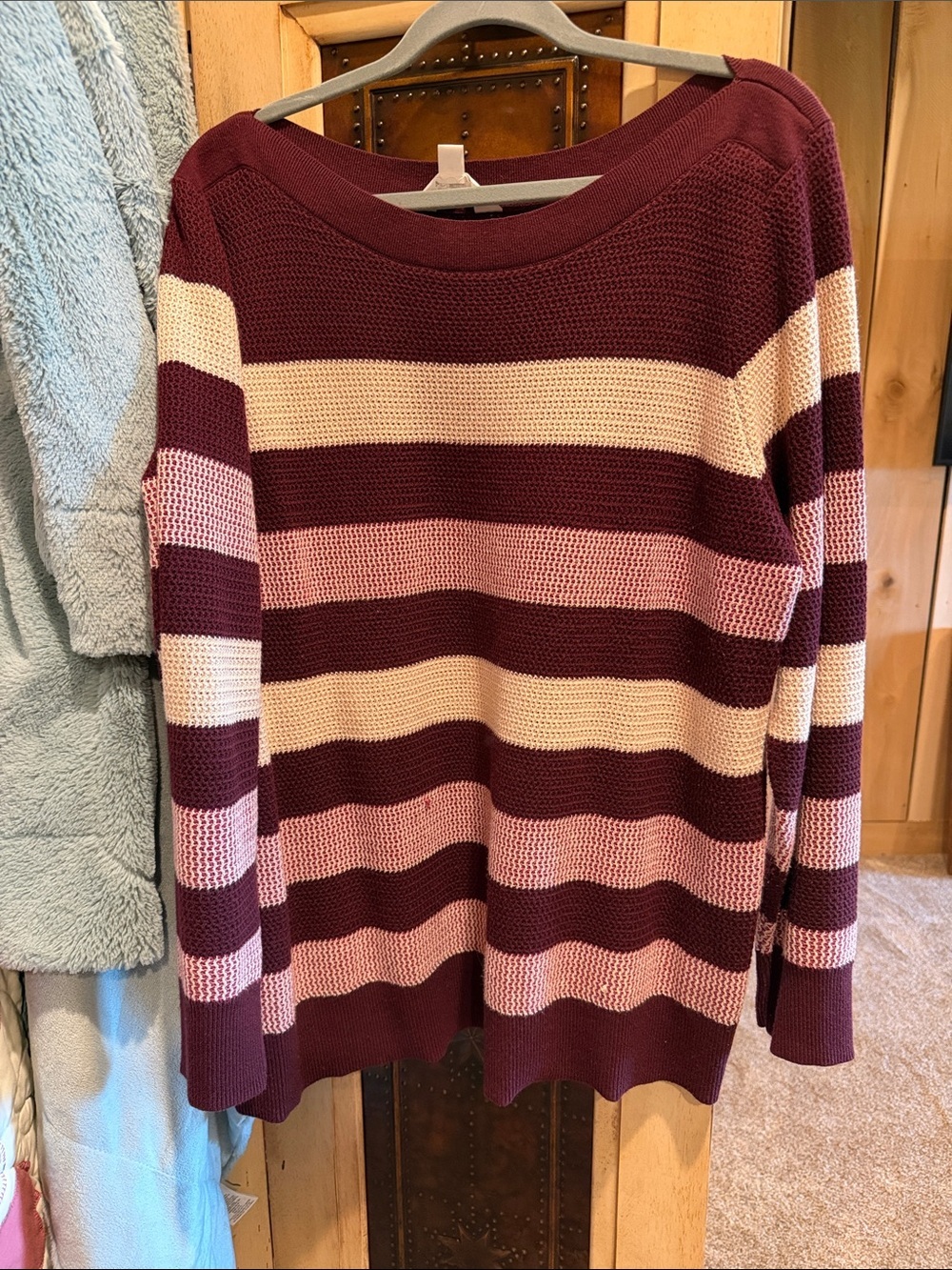 Striped Knit Women's plus size sweater in Burgundy, Pink & Cream 2x